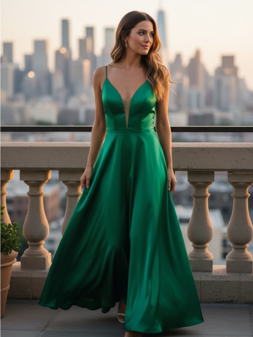 Angela & Alison Emerald Green Satin V-Neck A-Line Gown